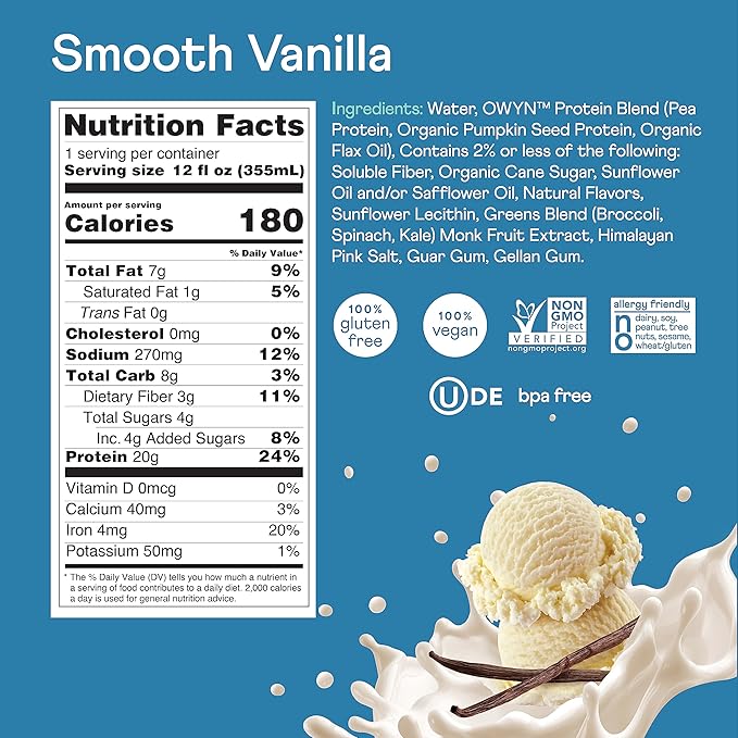 OWYN Only What You Need 100% Vegan Plant Based Protein Shake, Smooth Vanilla, 36 Pack, with 20g Plant Protein, Omega-3, Prebiotic supplements, Superfoods Greens Blend, Gluten-Free, Soy-Free, Non-GMO