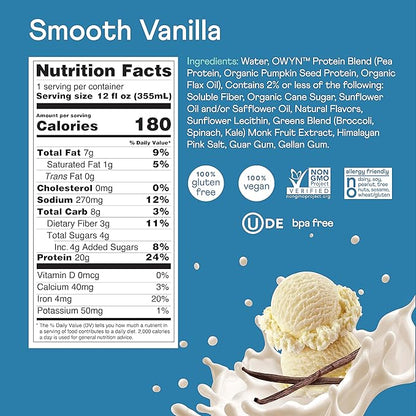 OWYN Only What You Need 100% Vegan Plant Based Protein Shake, Smooth Vanilla, 36 Pack, with 20g Plant Protein, Omega-3, Prebiotic supplements, Superfoods Greens Blend, Gluten-Free, Soy-Free, Non-GMO