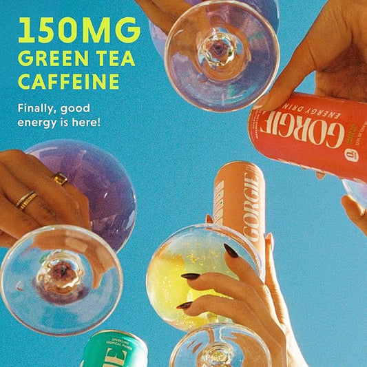 GORGIE Sugar Free Natural Energy Drinks, Sparkling Peach Tea (12 Pack) - Healthy Energy Drinks - Natural Coffee Replacement with Green Tea Caffeine and Biotin - 150mg Caffeine, Vegan, & Low Calorie