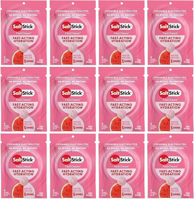 SaltStick Electrolyte FastChews Chewable Tablets | 120 Count - Watermelon | Salt Tablets for Runners, Sports Nutrition, Hydration Tablets, Electrolyte Chews | 12 Packets of 10 Tablets Each