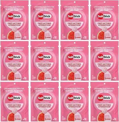 SaltStick Electrolyte FastChews Chewable Tablets | 120 Count - Watermelon | Salt Tablets for Runners, Sports Nutrition, Hydration Tablets, Electrolyte Chews | 12 Packets of 10 Tablets Each