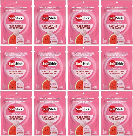 SaltStick Electrolyte FastChews Chewable Tablets | 120 Count - Watermelon | Salt Tablets for Runners, Sports Nutrition, Hydration Tablets, Electrolyte Chews | 12 Packets of 10 Tablets Each