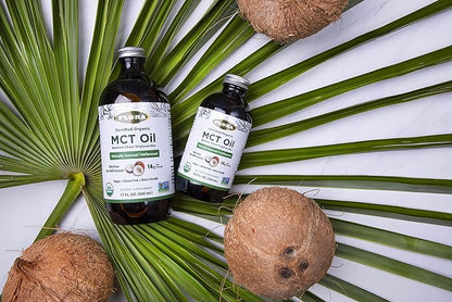 Flora Health MCT Oil Organic Energy Boost, C8 Caprylic & C10 Capric Acids, Keto, Kosher, Non-GMO Verified, 100% from Ethically and Sustainably Sourced Coconuts, 17 Fl Oz Liquid, Glass Bottle