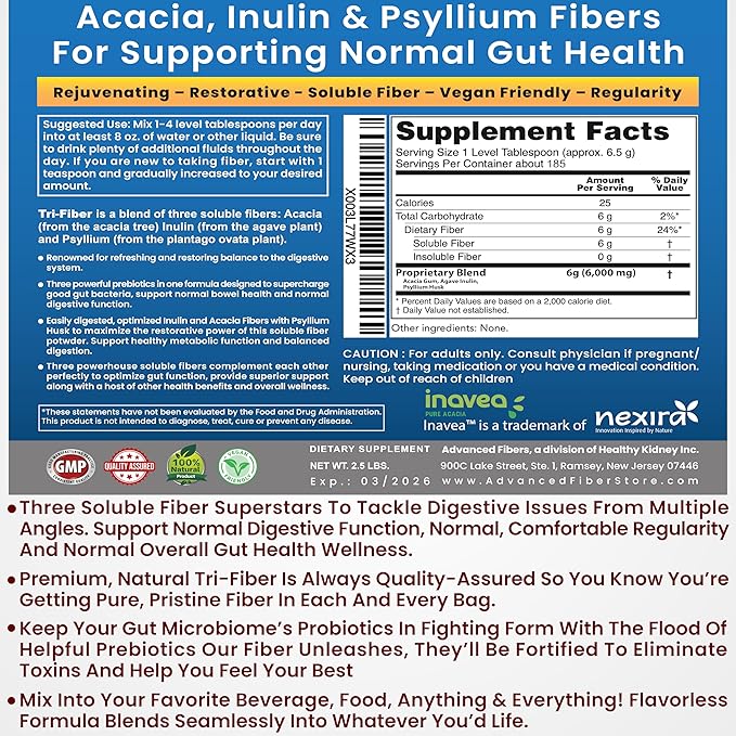 Kidney Restore Tri-Fiber Soluble Fiber Powder, 3-in-1 Soluble 2x1lbs (2x16oz) (2x16oz)