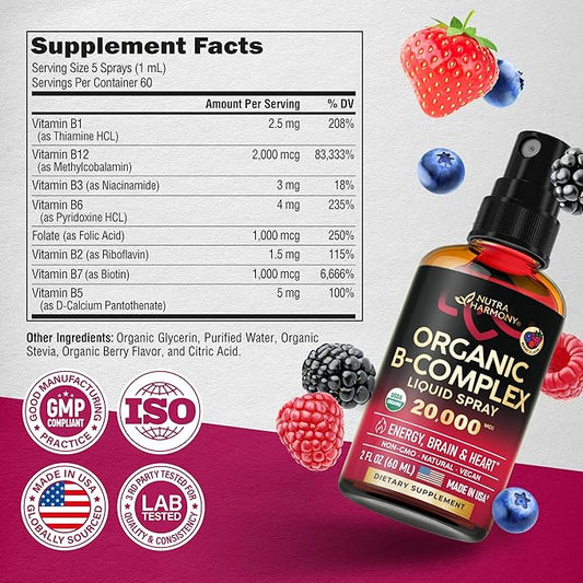 USDA Organic Vitamin B-Complex Liquid Spray 8-in-1 B5 Pantothenic B12 Methylcobalamin B1 Thiamine B6 Pyridoxine B7 Biotin B9 Folic B3 Niacinamide 2fl oz
