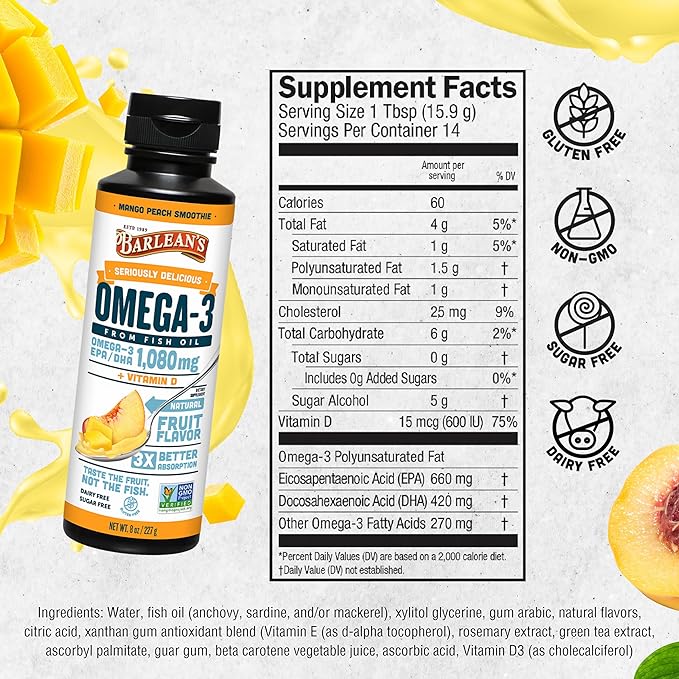 Barlean's Mango Peach Omega 3 Fish 1080mg EPA 8 oz