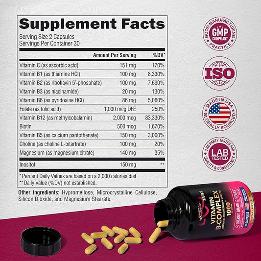 Vitamin B Complex for Men & Women 11-in-1 B-Complex: B1, B2, B2, B3, B3, B5, B5, B6, B6, B7, B7, B8, B8, B9, B9, B12 B12 with 60 Vegan