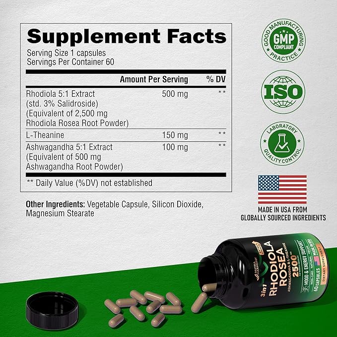 Rhodiola Rosea Supplement 2500mg 5:1 | 3% Salidroside 2 Month 60 Capsules