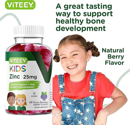 Zinc for Kids Gummies, 25mg - Immune Support for Kids & Teens - Powerful Natural Antioxidant, Kids Zinc Vitamin Supplement - Vegan, Gelatin Free, Gluten Free - Tasty Chewable Berry Flavor Gummy