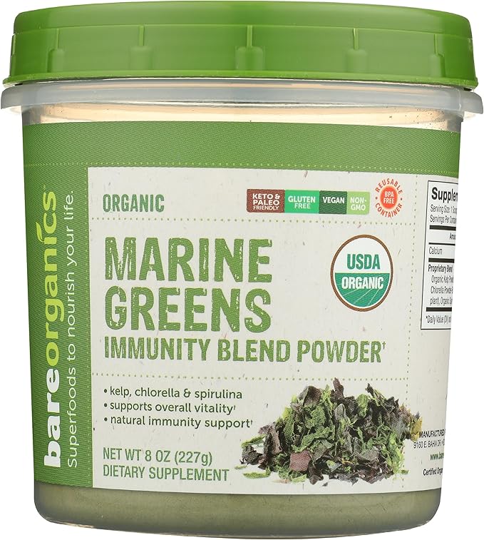 BareOrganics Marine Super Greens Powder | USDA Organic, Gluten-Free, Vegan, Non-GMO, BPA-Free | Kelp, Chlorella, Spirulina, 8oz