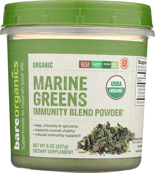 BareOrganics Marine Super Greens Powder | USDA Organic, Gluten-Free, Vegan, Non-GMO, BPA-Free | Kelp, Chlorella, Spirulina, 8oz