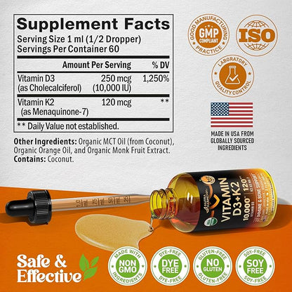 Vitamin D3 K2 USDA Organic Drops - Vitamin D3 10000 IU & K2 as MK-7 120mcg - Immune & Mood Support, Bone & Teeth Health - Sugar-Free Orange Flavor - Liquid Supplement - Made in USA - 2 FL OZ, 60 Days