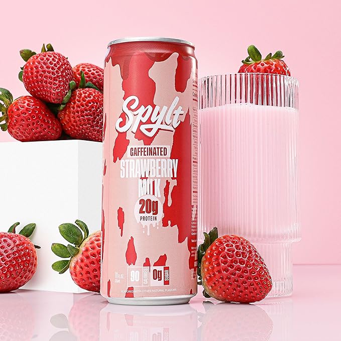 High Protein Strawberry Milk with 60mg Caffeine & 20g Protein - Ready to Drink, Sugar Free, Lactose Free Milk, Perfect for Workout Recovery & Afternoon Pick Me Up - 12 Count