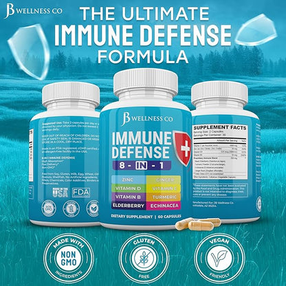 Immune Support 8 in 1 Capsules - Zinc Supplement, Vitamin D3 5000 IU, Vitamin C 1000MG and Elderberry - Immune Booster Supplement with Echinacea, Ginger Root, and Turmeric - [3-Pack, 180 Count]