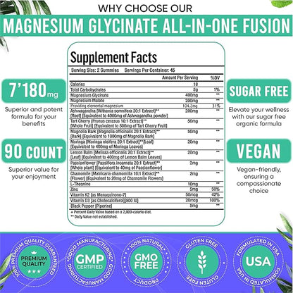 90ct 15-in-1 Magnesium Glycinate Gummies 400 mg/serv- with Magnesium Malate, Ashwagandha, Tart Cherry, Magnolia Bark, Lemon Balm, Passionflower, Chamomile, L-Theanine, Zinc, Vitamin K2 & D3
