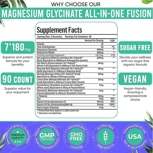 90ct 15-in-1 Magnesium Glycinate Gummies 400 mg/serv- with Magnesium Malate, Ashwagandha, Tart Cherry, Magnolia Bark, Lemon Balm, Passionflower, Chamomile, L-Theanine, Zinc, Vitamin K2 & D3
