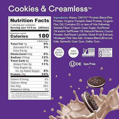 OWYN Only What You Need Vegan Protein Shake, Cookies & Creamless, 20g Plant Based Protein, Omega-3, Prebiotic Supplements, Superfoods Greens Blend, Gluten-Free, Soy-Free, Non-GMO (36 Pack)