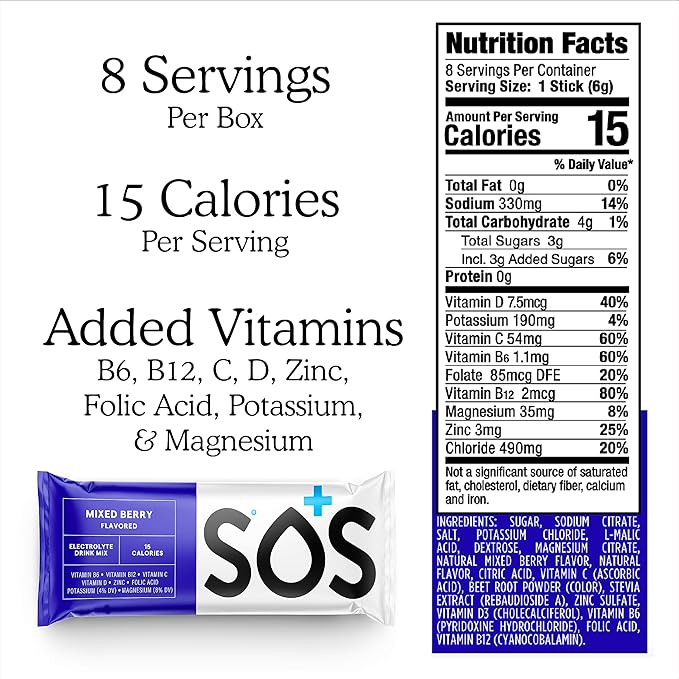 SOS Hydration Electrolyte Powder Packets, Mixed Berry Flavor, 8 Stick Packs – Low-Calorie, Rapid Rehydration, Made in USA, Keto & Vegan Friendly