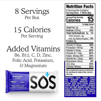 SOS Hydration Electrolyte Powder Packets, Mixed Berry Flavor, 8 Stick Packs – Low-Calorie, Rapid Rehydration, Made in USA, Keto & Vegan Friendly