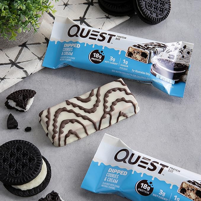 Quest Nutrition Dipped Chocolate Cookies & Cream Protein Bars, High Protein, Low Carb, Gluten Free, Keto Friendly, 12 Count