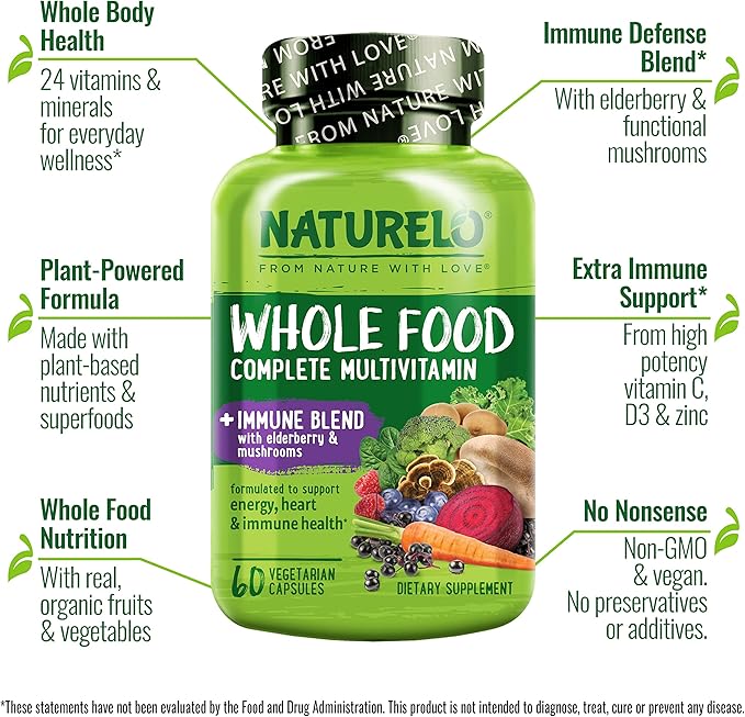 NATURELO Whole Food Multivitamin + Immune D3, Zinc, 60 Vegan 2)