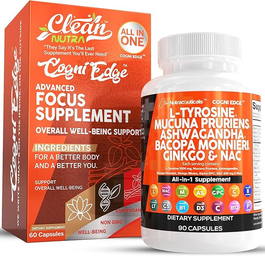 Clean Nutraceuticals L Tyrosine 1000mg Mucuna 6000mg Bacopa 500mg Ashwagandha 4000mg Focus 600mg NAC 5-HTP Ginkgo B1 B12 B12