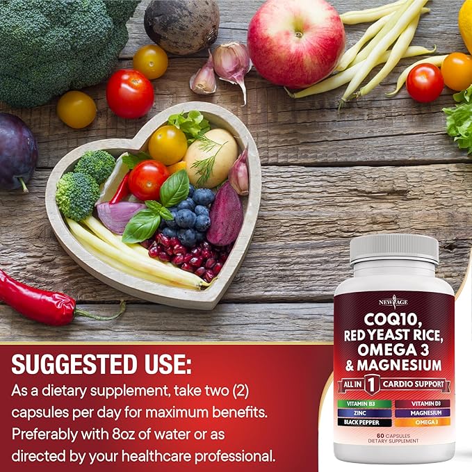 NEW AGE COQ10 200mg Red Yeast Rice 3000mg Omega 3-6-9 3000mg Magnesium Complex 500mg Zinc Vitamin K2 D3 - Heart Health Support Vitamins for Women and Men with Vitamin B3, Coenzyme Q10-60 Count