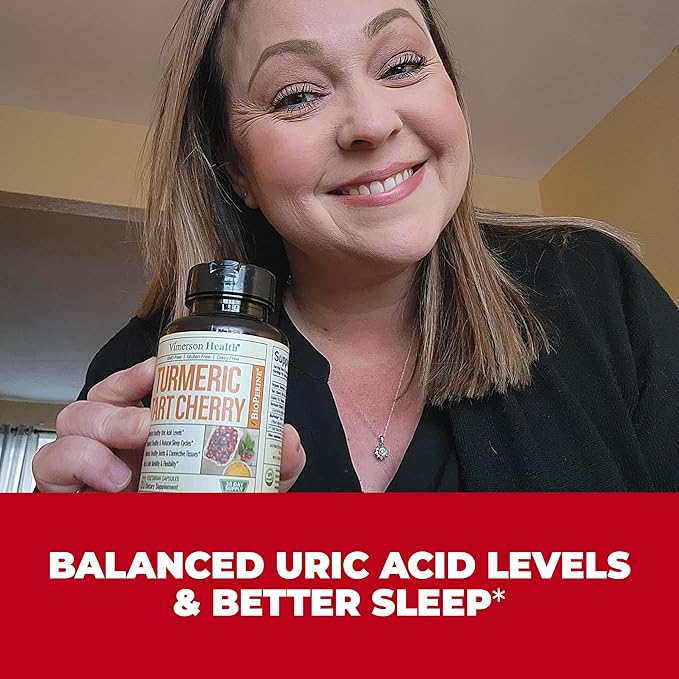 Turmeric Curcumin & Tart Cherry Extract Capsules with Black Pepper & Organic Tumeric. Tart Cherry Capsules Aid Uric Acid Balance, Joint Health, Muscle Health & Sleep. 600mg 10:1 Tart Cherry Extract