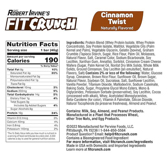 FITCRUNCH Snack Size Protein Bars, 6-Layer Baked Bar, 3g of Sugar & Soft Cake Core (18 Bars, Cinnamon Twist)
