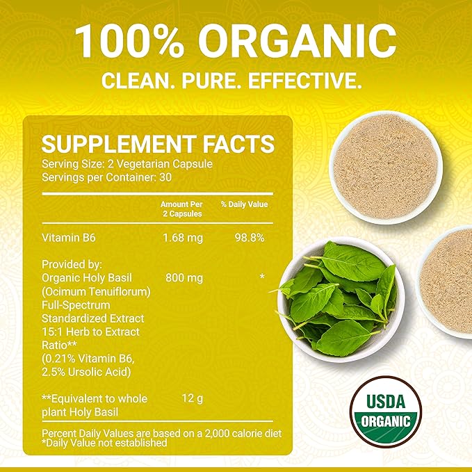 Holy Basil Capsules B6 Capsules B6 and 2.5% Ursolic 15:1 | 60 Vegan