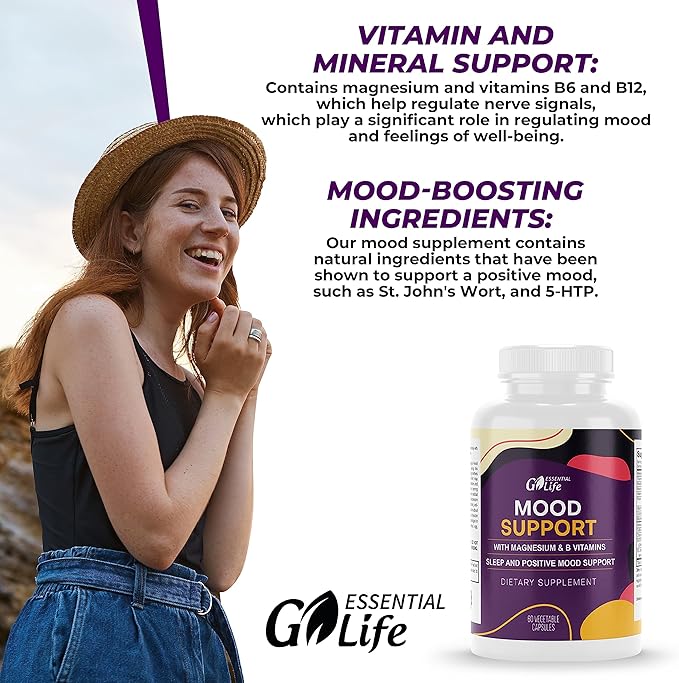 Mood Support Supplement 5-HTP, Vitamin B6-B12, and 60 Capsules