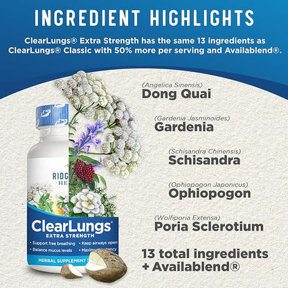 Ridgecrest Herbals ClearLungs Extra Strength, Natural Lung, Nasal Health Formula, Bronchial, Respiratory, Sinus, Mucus Support (120 Caps, 60 Serv)