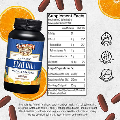 Barlean's Omega 3 Fish Oil Supplements, 600mg Fish 250 Count