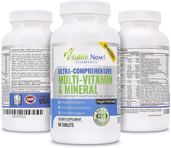 Vegan Whole Food Multivitamin & Mineral B1 B2 B2 B6 B6 B12 B12 C D3 E 110 Super 90 Tablets
