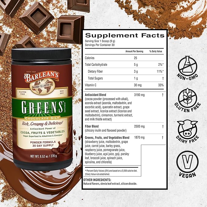 Barlean's Chocolate Greens Powder, Daily Fruits 9.52 oz