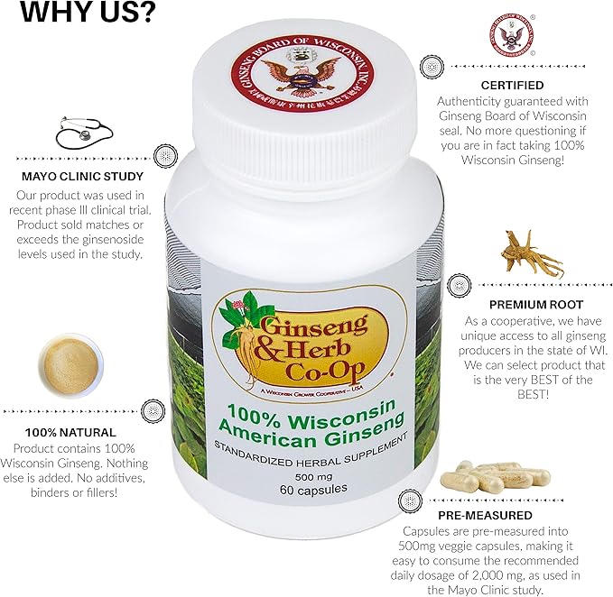 100% Pure Wisconsin American Ginseng Capsules 500mg. Authentic