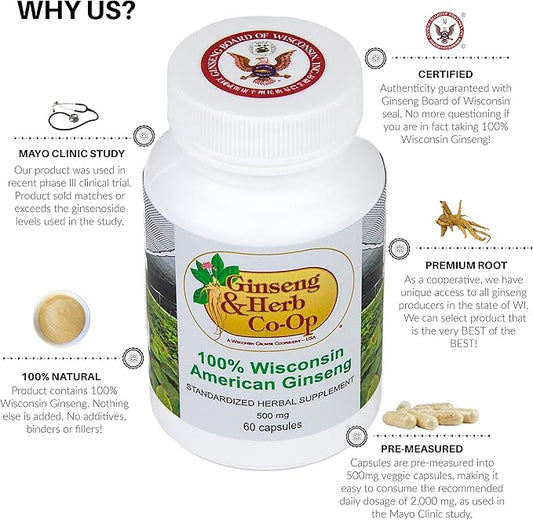 100% Pure Wisconsin American Ginseng Capsules 500mg. Authentic