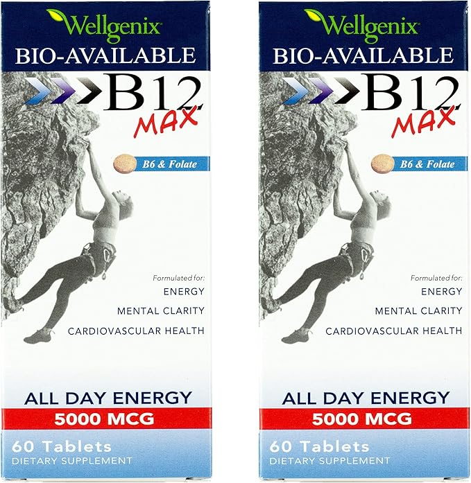 Wellgenix Bio-Available Sublingual B12 Max - Formulated for High Absorption - Nutritional Multivitamin B12, B6, Folate - Fast Dissolve (60 Ct) 2 Pack