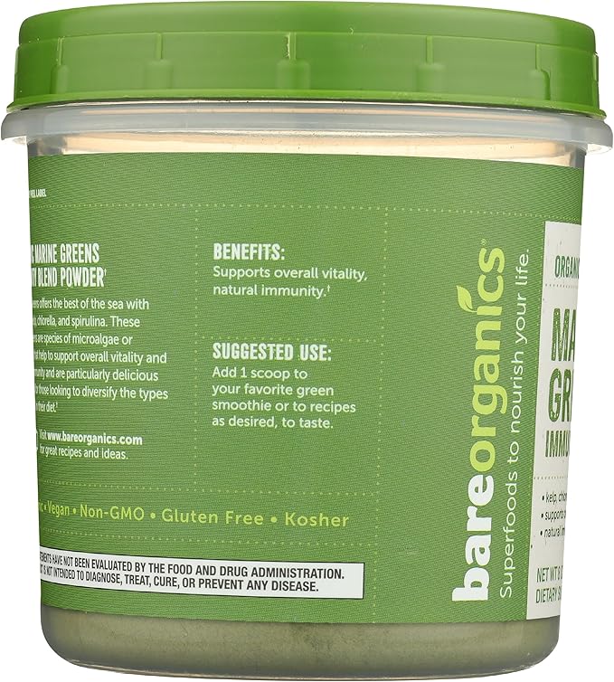 BareOrganics Marine Super Greens Powder | USDA Organic, Gluten-Free, Vegan, Non-GMO, BPA-Free | Kelp, Chlorella, Spirulina, 8oz
