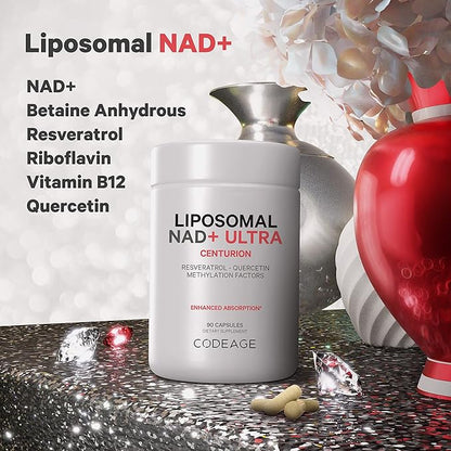 Codeage Liposomal NAD+ with Resveratrol & Vitamin B - NAD Plus Ultra for Energy & Healthy Aging Support - NAD Vitamin Supplement with Quercetin, Betaine, Riboflavin - Bioavailable - 90 Capsules
