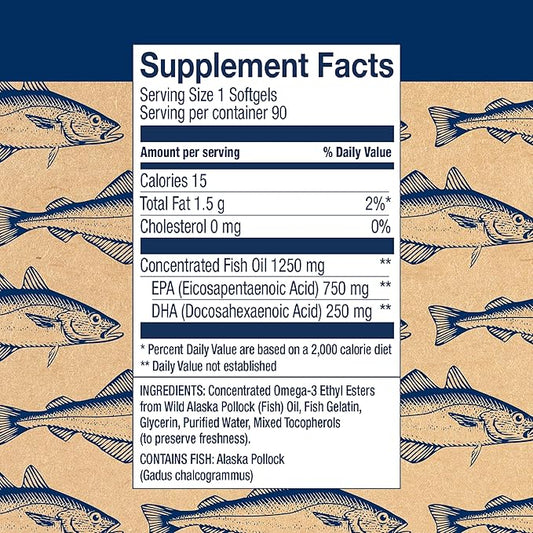 Wiley's Finest Wild Alaskan Fish Oil 1000mg Omega-3s, Omega-3s, SQF-Certified 90 Softgels (90 Servings)