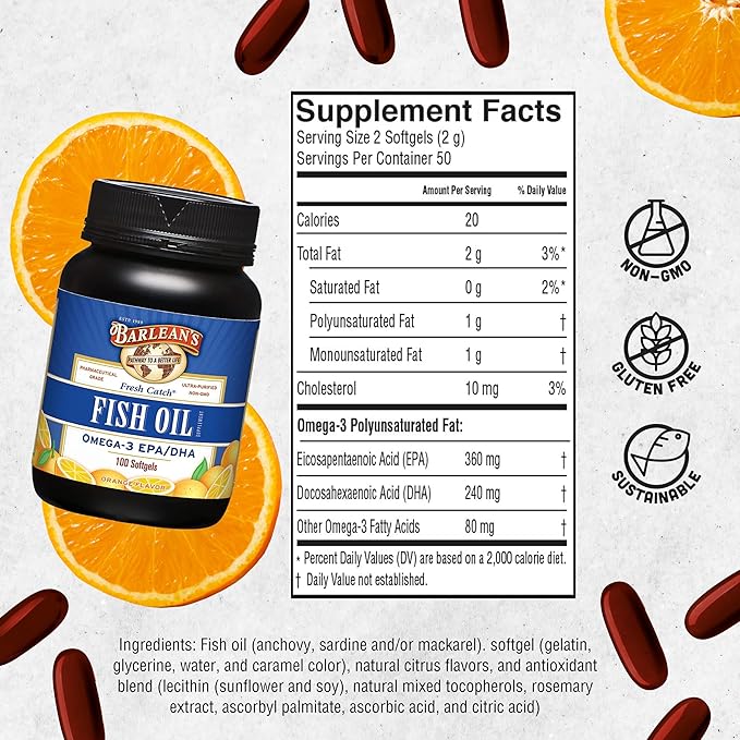 Barlean's Fish Oil Omega 3 Supplement, 600mg Orange 100 Count