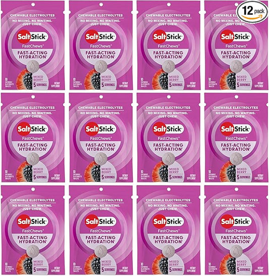 SaltStick Electrolyte FastChews Chewable Tablets | 120 Count - Mixed Berry | Salt Tablets for Runners, Sports Nutrition, Hydration Tablets, Electrolyte Chews | 12 Packets of 10 Tablets Each