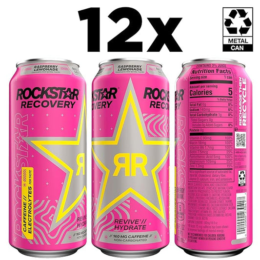 Rockstar Recovery Non-Carbonated Energy Drink, Raspberry Lemonade, 16 fl oz Cans, (12 Pack), Hydration // Mind-Body Energy, 160mg Caffeine, B Vitamins, Electrolytes