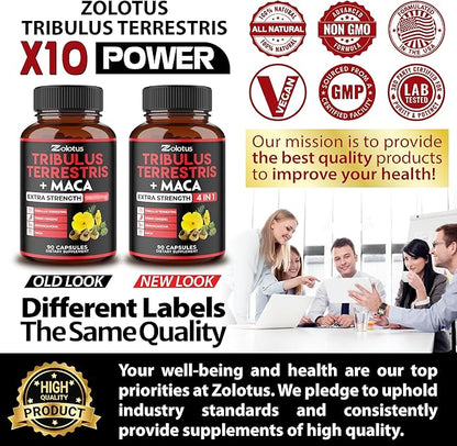 Zolotus Premium Tribulus Terrestris Capsules - Combined with Ashwagandha, Panax Ginseng & Maca - Boost Energy, Mood, Stamina & Immune - 90 Counts for 3 Months