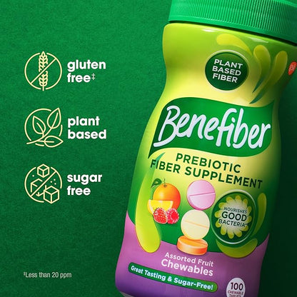 Benefiber Chewable Prebiotic Fiber Supplement Tablets for Digestive Health, Assorted Fruit Flavors - 100 Count