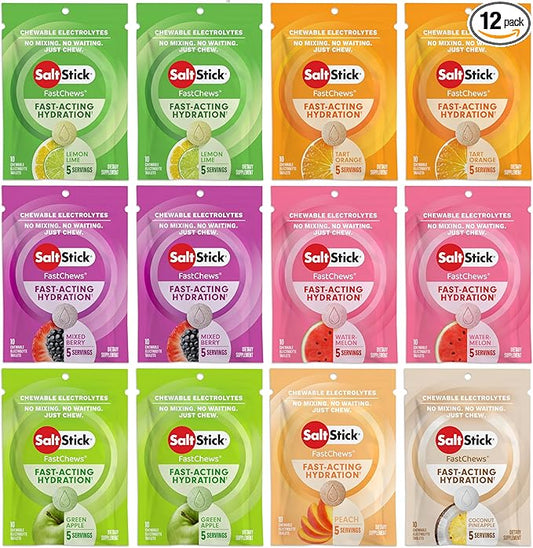 SaltStick Electrolyte FastChews Chewable Tablets | 120 Tablets - Variety Pack | Salt Tablets for Runners, Sports Nutrition, Hydration Tablets, Electrolyte Chews | 12 Packets of 10 Tablets Each