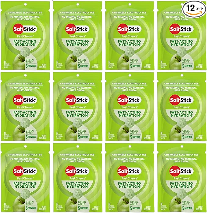 SaltStick Electrolyte FastChews Chewable Tablets | 120 Count - Green Apple | Salt Tablets for Runners, Sports Nutrition, Hydration Tablets, Electrolyte Chews | 12 Packets of 10 Tablets Each