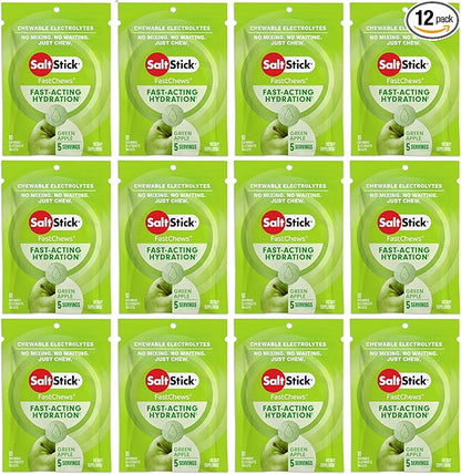 SaltStick Electrolyte FastChews Chewable Tablets | 120 Count - Green Apple | Salt Tablets for Runners, Sports Nutrition, Hydration Tablets, Electrolyte Chews | 12 Packets of 10 Tablets Each