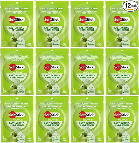 SaltStick Electrolyte FastChews Chewable Tablets | 120 Count - Green Apple | Salt Tablets for Runners, Sports Nutrition, Hydration Tablets, Electrolyte Chews | 12 Packets of 10 Tablets Each